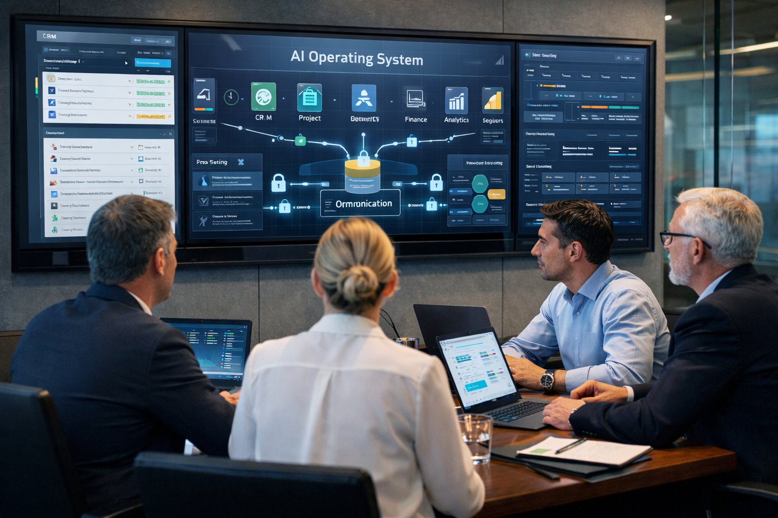 business team reviewing dashboards of an AI operating system connecting CRM project finance analytics and operational workflows